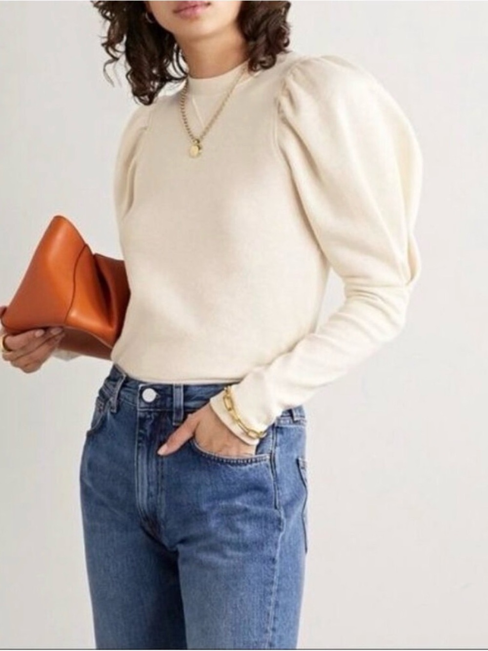 ULLA JOHNSON Beige Philo Cotton Jersey Puff Statement Sleeve Sweatshirt Size M
